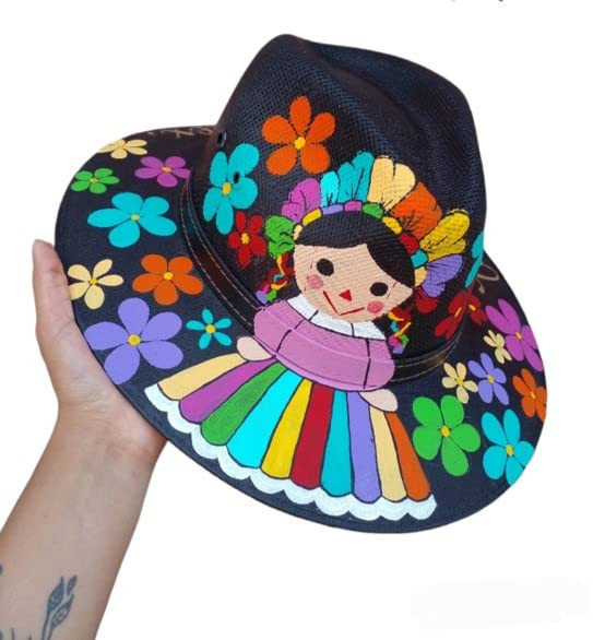 Sombrero De Lona Artesanal Tipo Indiana Negro Pintado a Mano Maria (M)